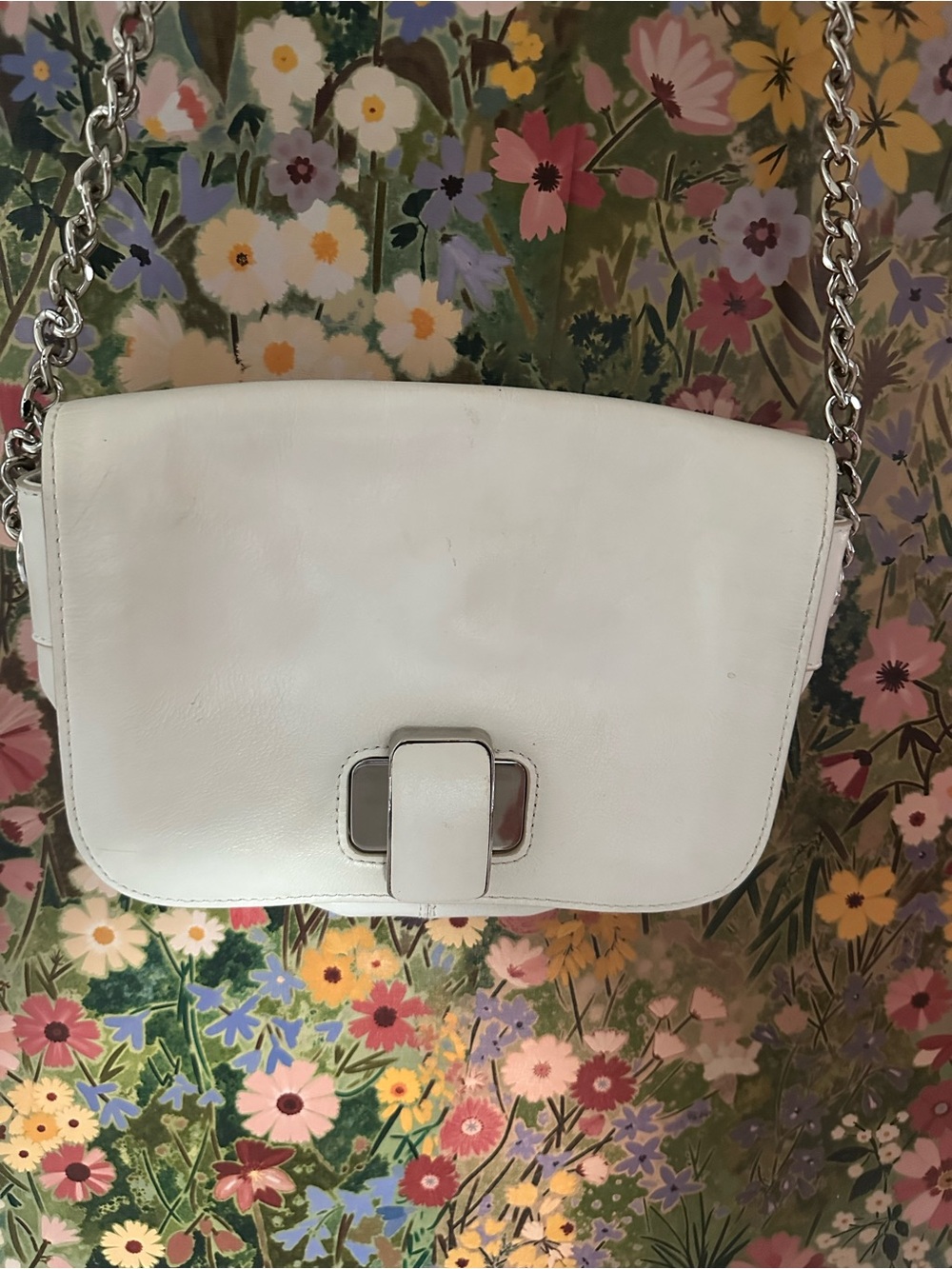 Badgley Mischka White Leather Crossbody with Silver Chain